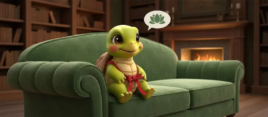 La tortuga Pati, sentada en el respaldo de un sofá verde junto a una chimenea encendida, habla con un bocadillo dibujado sobre su cabeza