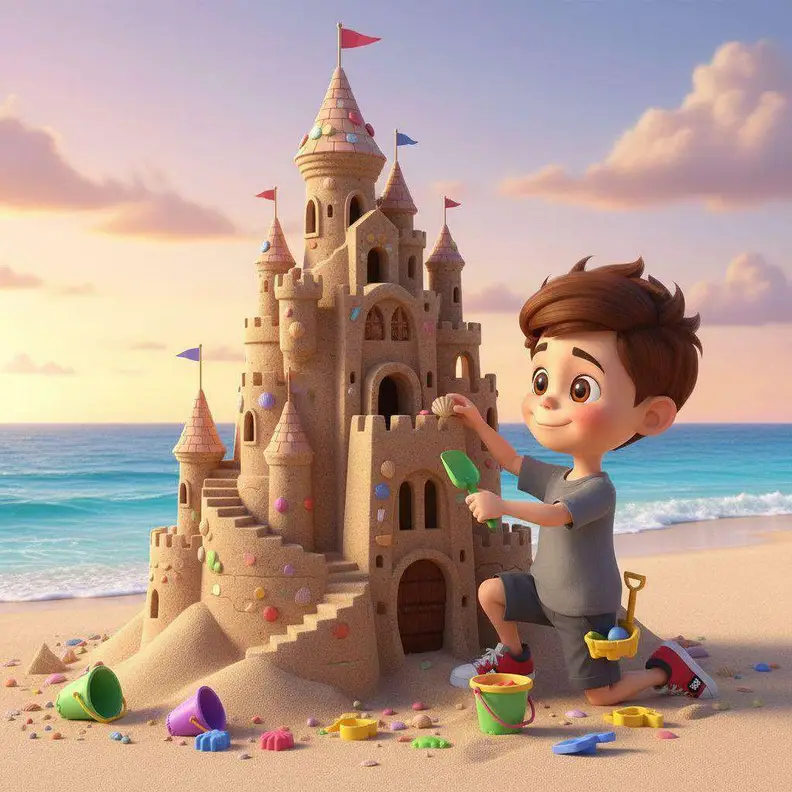 Luis remata con una pala un castillo de arena enorme con torres y banderas junto a la orilla