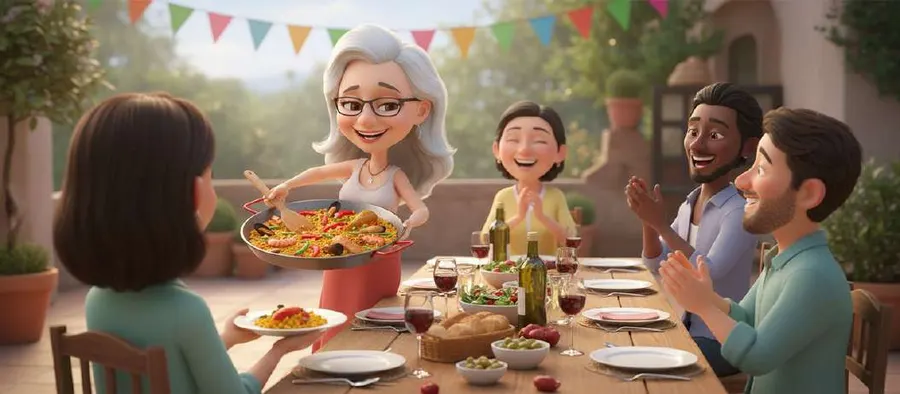 La familia aplaude alrededor de la mesa del jardín mientras Abu Lula sirve una paella enorme