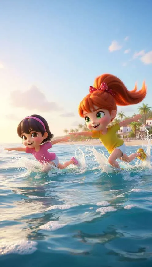 Ana y su prima Lucía se lanzan al agua entre salpicaduras, con la playa y las palmeras al fondo