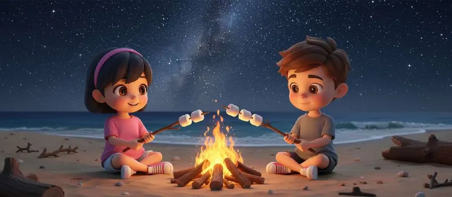 Ana y Luis, sentados en la arena a la orilla del mar, asan malvaviscos en una hoguera bajo un cielo estrellado