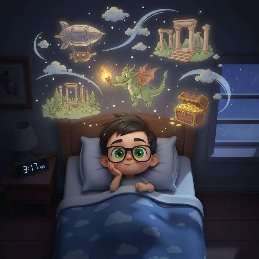 Marc, despierto en la cama de noche, imagina templos, dragones y tesoros flotando sobre su cabeza