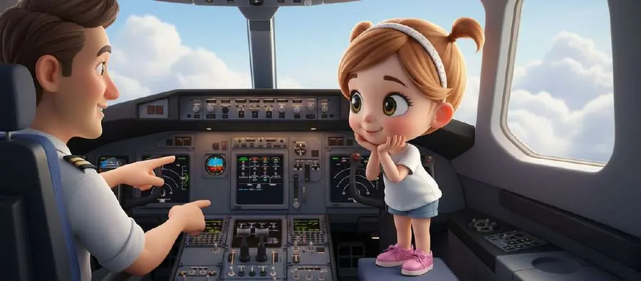 El comandante enseña los mandos de la cabina del avión a una de las niñas, con el cielo y las nubes al otro lado del cristal