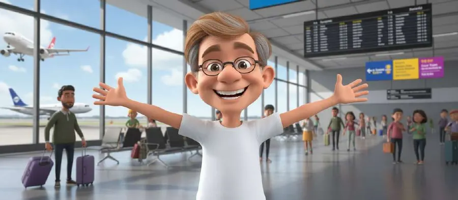 El abuelo espera en la terminal del aeropuerto con los brazos completamente abiertos y una sonrisa enorme
