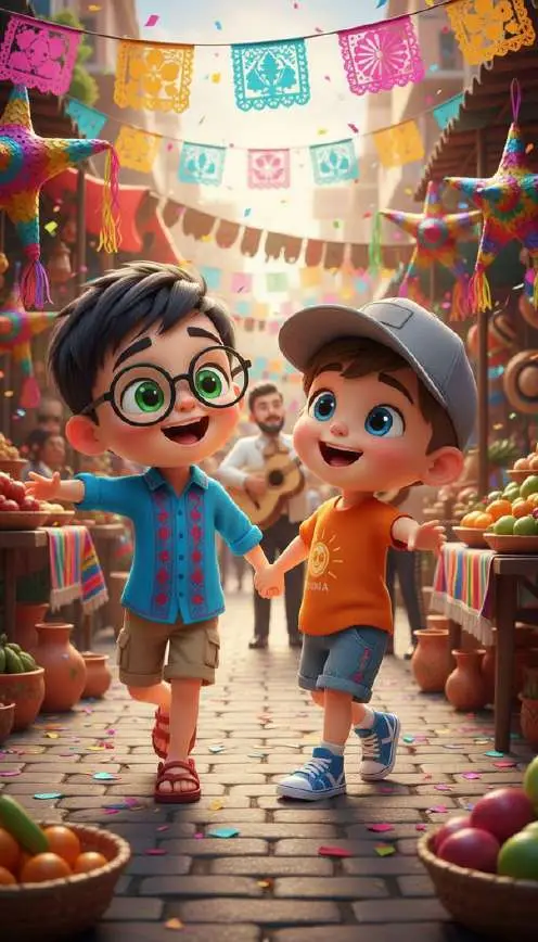 Marc y su primo Teo caminan de la mano por un mercado mexicano decorado con papel picado de colores