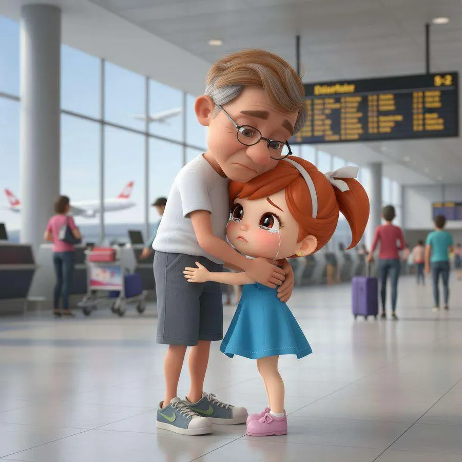 El abuelo abraza a Ali, que llora, en la terminal del aeropuerto antes de la despedida