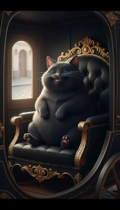 Un gato negro y orondo sonríe sentado en el sillón de terciopelo de un carruaje