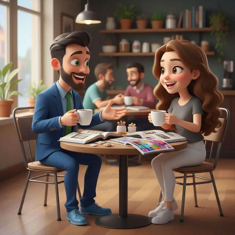Una pareja conversa animadamente tomando café en la mesa de una cafetería