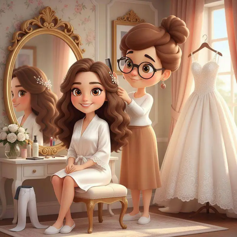 Una novia se peina frente al espejo mientras su madre la ayuda y el vestido cuelga junto a la ventana