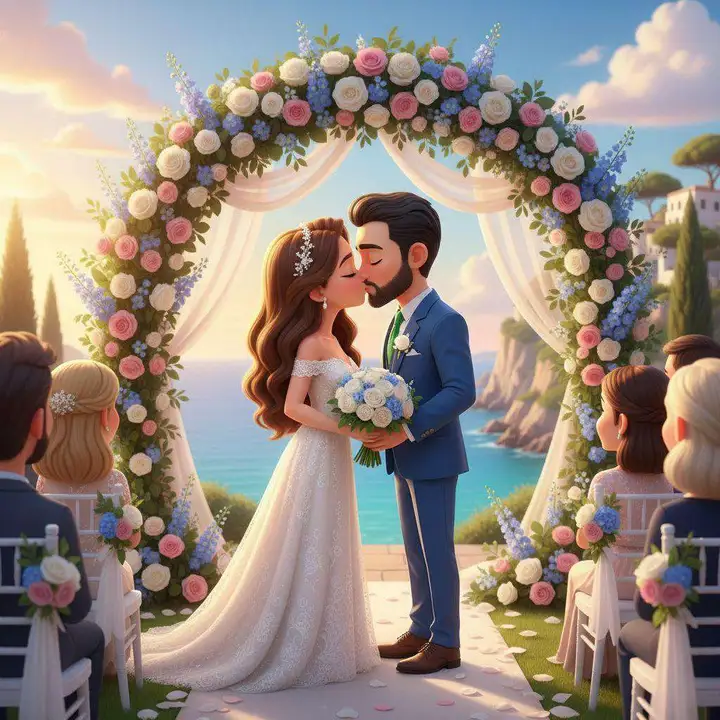 Los novios se besan bajo un arco de flores blancas y azules frente al mar, rodeados de invitados