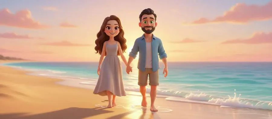 Una pareja descalza camina por la orilla de una playa al amanecer, con el cielo teñido de rosa