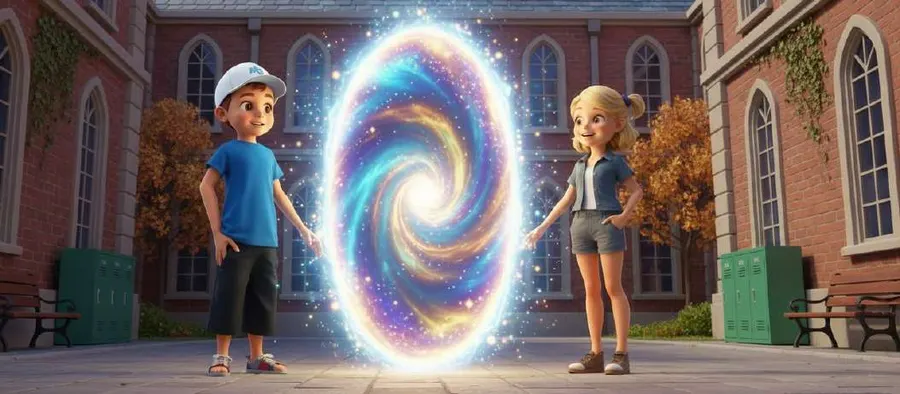 Dos niños tocan un portal en espiral de luz azul y dorada junto a la fachada de ladrillo de su colegio