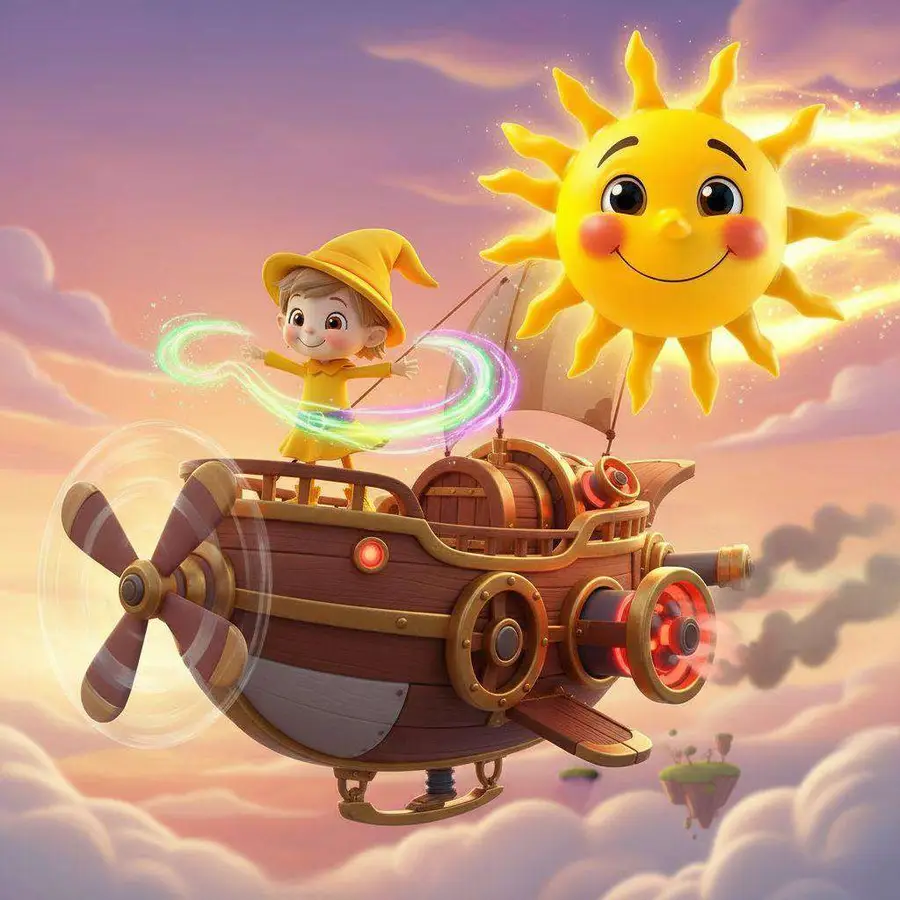 Un niño con sombrero amarillo pilota una nave voladora de madera entre las nubes, junto a un sol sonriente