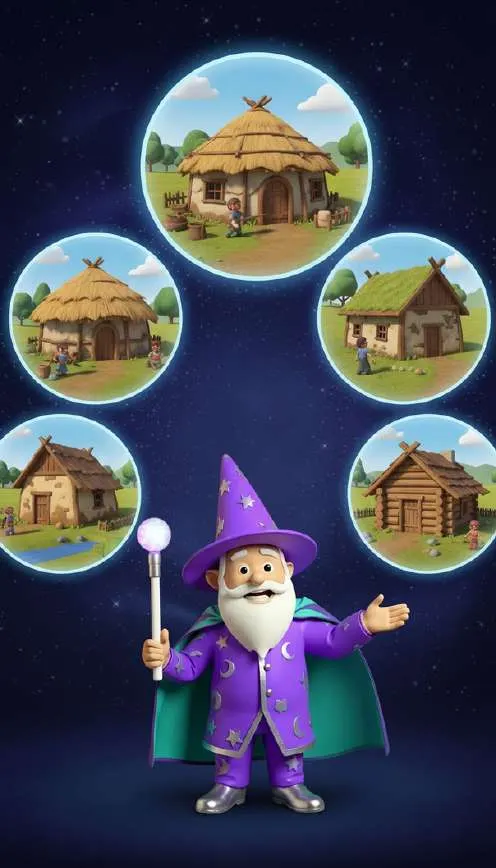 El mago señala cinco burbujas luminosas con casas humildes de adobe, madera y paja sobre un fondo estrellado