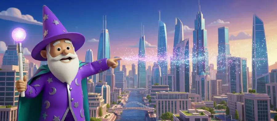 El mago señala con orgullo el perfil de rascacielos de una ciudad moderna atravesada por un río al atardecer