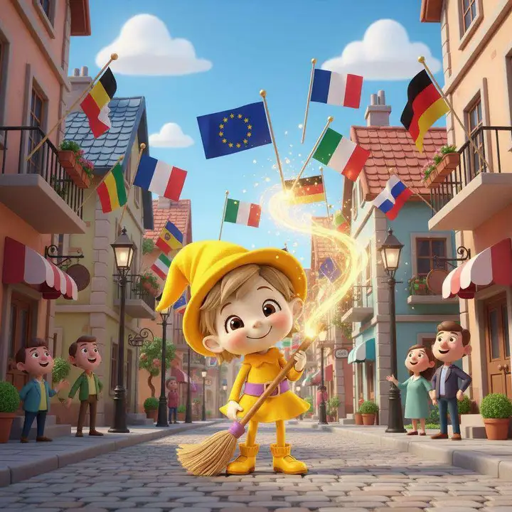 Una niña con sombrero amarillo camina por una calle adornada con banderas de Italia, Francia, Alemania y otros países europeos