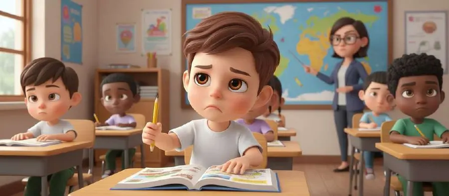 Un niño aburrido apoyado en su pupitre con un libro abierto, mientras la profesora señala un mapa al fondo del aula
