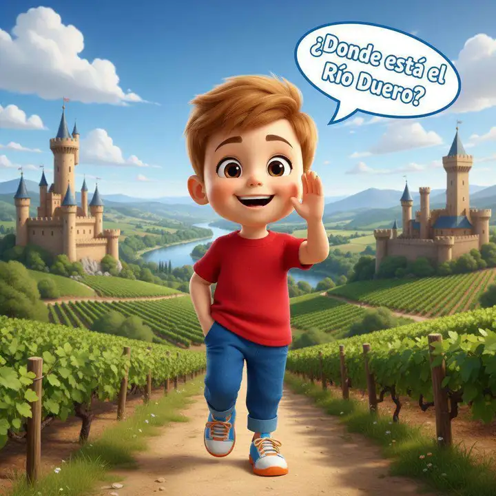Un niño camina por un sendero entre viñedos con castillos al fondo, y un bocadillo pregunta dónde está el río Duero