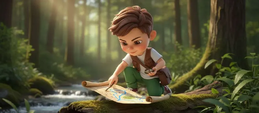 Un niño arrodillado en el musgo junto a un arroyo del bosque, revisando un mapa con una brújula en la mano