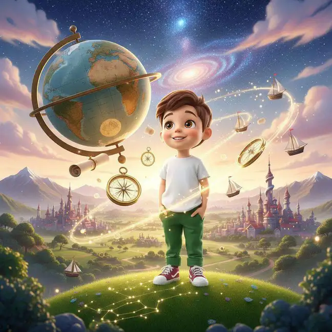 Un niño de pie sobre una colina verde junto a un globo terráqueo gigante, rodeado de brújulas y barcos flotando entre estrellas