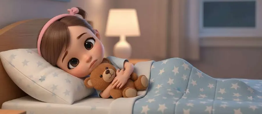 Julieta, tumbada en la cama con la luz de la mesilla encendida, abraza fuerte a su osito de peluche