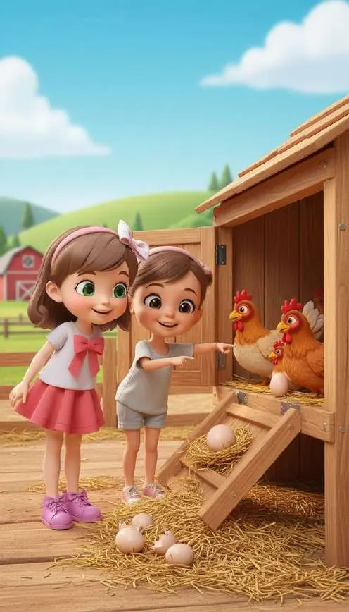 Julieta y un compañero recogen huevos en el gallinero de la granja, rodeados de gallinas y paja