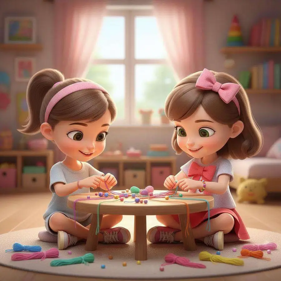 Dos niñas hacen pulseras de colores con cuentas e hilos sentadas alrededor de una mesita baja