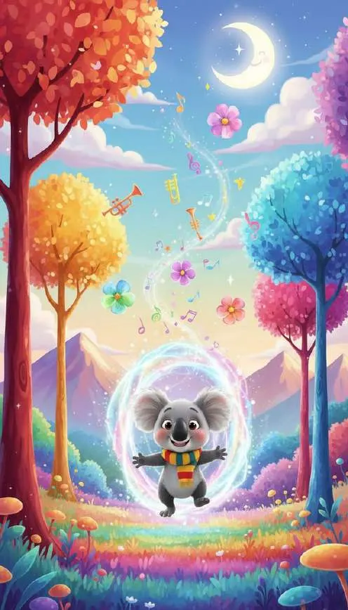El koala cruza un umbral luminoso hacia un bosque de árboles de colores y flores gigantes