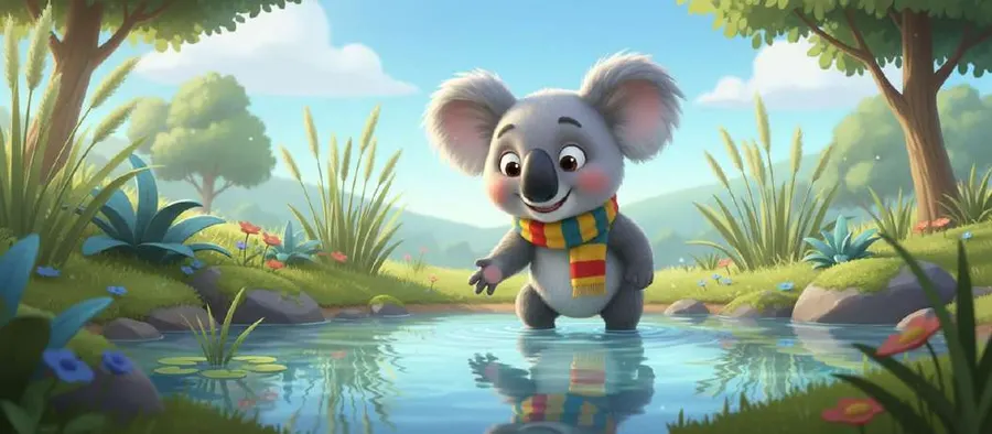 El koala se asoma a la orilla de un estanque cristalino donde nada una tortuga verde