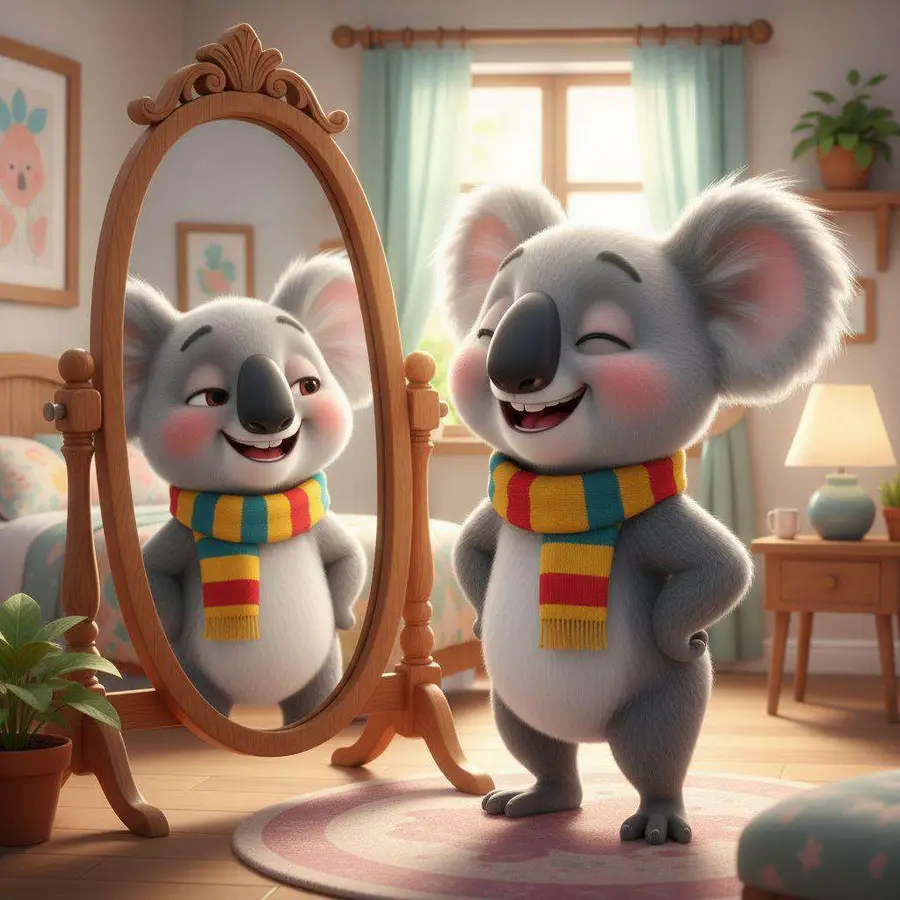 El koala se mira en el espejo de su habitación con una sonrisa tranquila antes de dormir