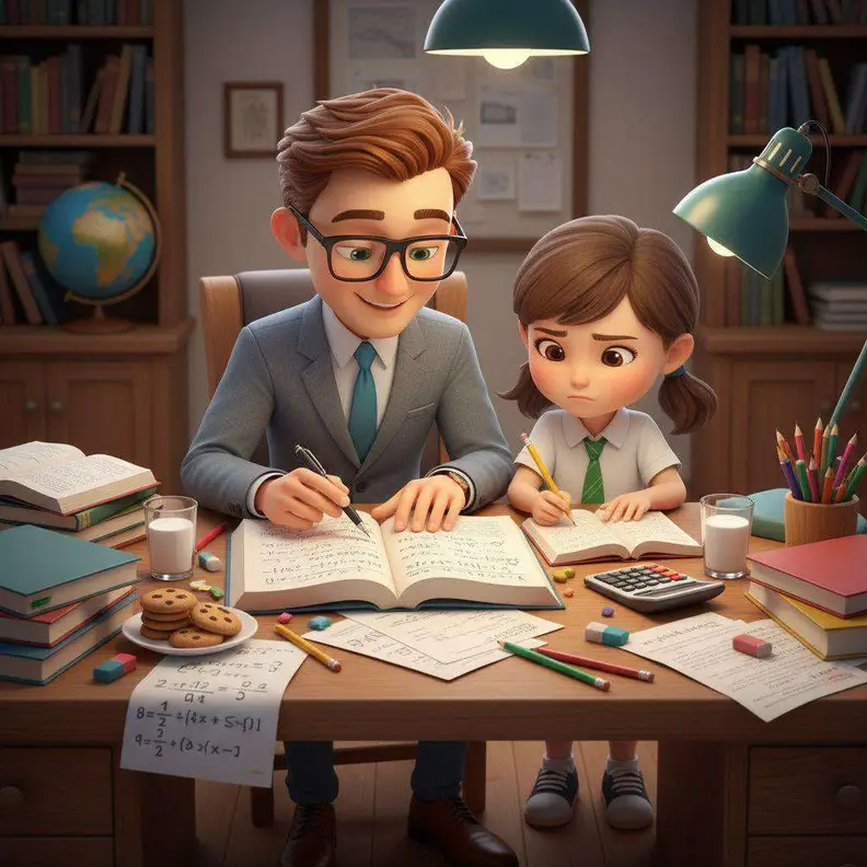 Papá y Marina hacen los deberes juntos en el escritorio, entre libros, cuadernos y un vaso de leche
