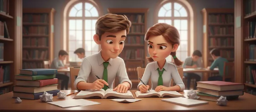 Marina y un compañero estudian codo con codo en la biblioteca del instituto