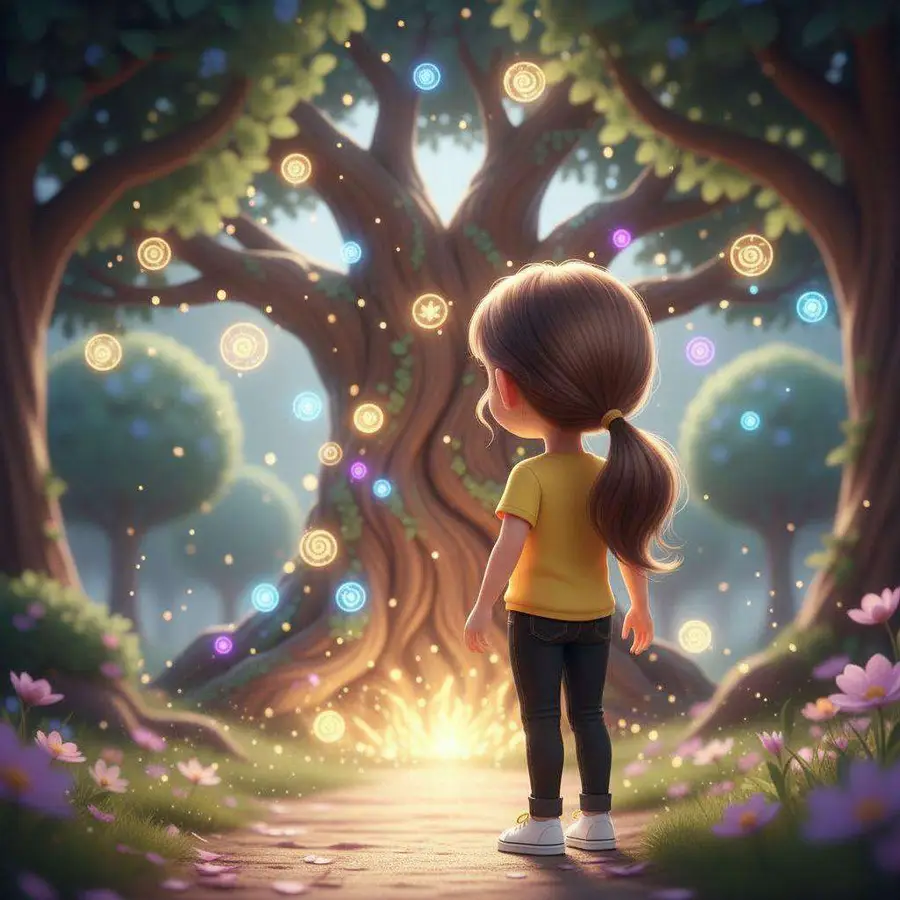Clara, de espaldas, contempla un roble enorme cubierto de luces de colores en un claro del bosque