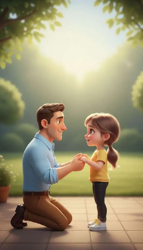 El padre de Clara se arrodilla frente a ella y le toma las manos en el jardín