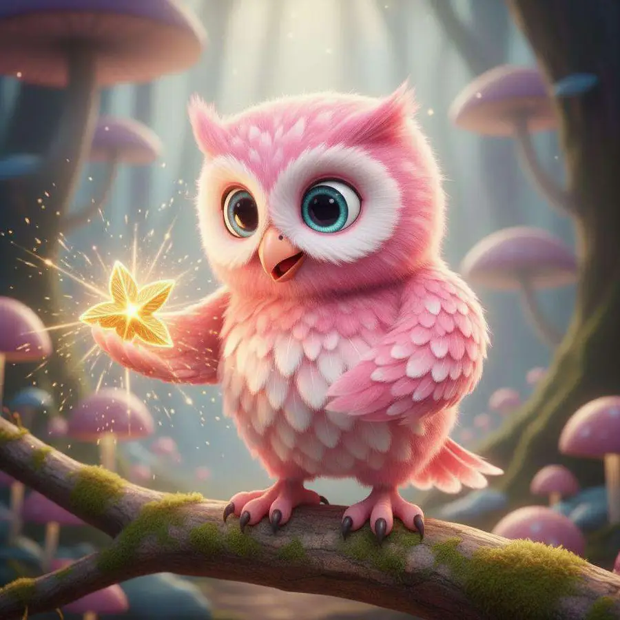 Olivia, la lechuza de plumas rosadas, sostiene con su ala una semilla dorada y brillante sobre una rama