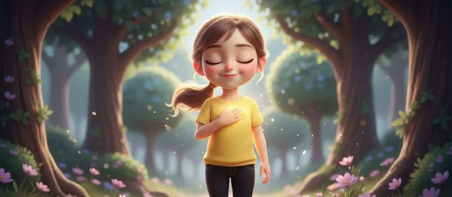 Clara, con los ojos cerrados y la mano en el pecho, sonríe bajo el arco de árboles del bosque
