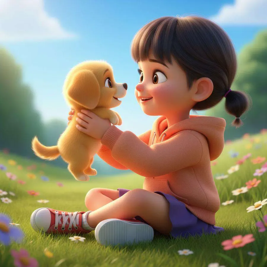 Una niña sentada en la hierba sostiene en alto un cachorro dorado y lo mira sonriendo entre flores