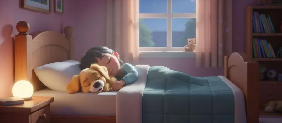 Un cachorro dorado duerme acurrucado junto a una niña dormida en su cama, con una lamparita encendida en la mesilla