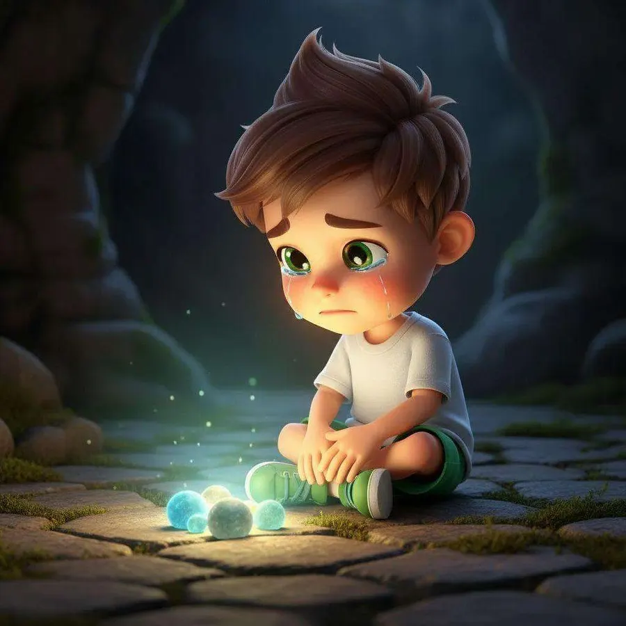 Lolo llora sentado en el suelo mientras un puñado de piedras brillan con luz azulada a sus pies