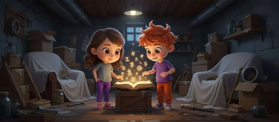 Dos niños abren un libro luminoso sobre una caja de madera, en un sótano lleno de muebles cubiertos con sábanas
