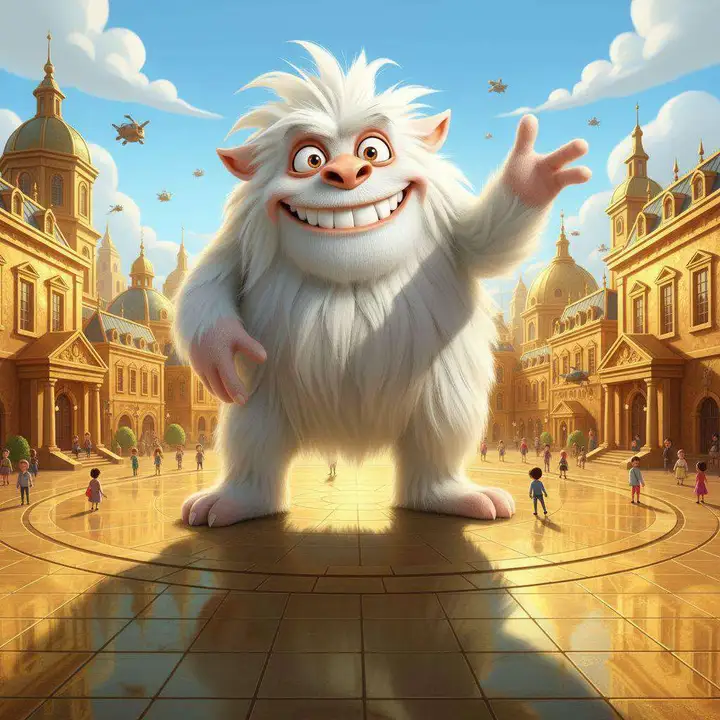 Tiranux, un yeti blanco enorme, sonríe con los brazos abiertos en una plaza rodeada de edificios dorados