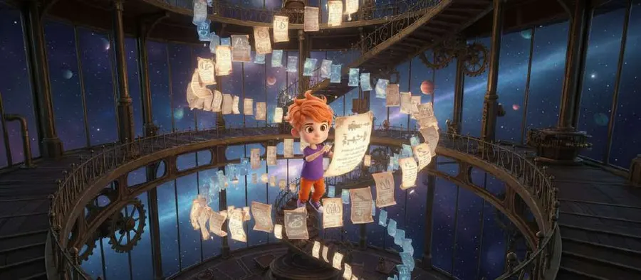 Un niño flota sujetando un documento en una torre espiral rodeada de bonos luminosos