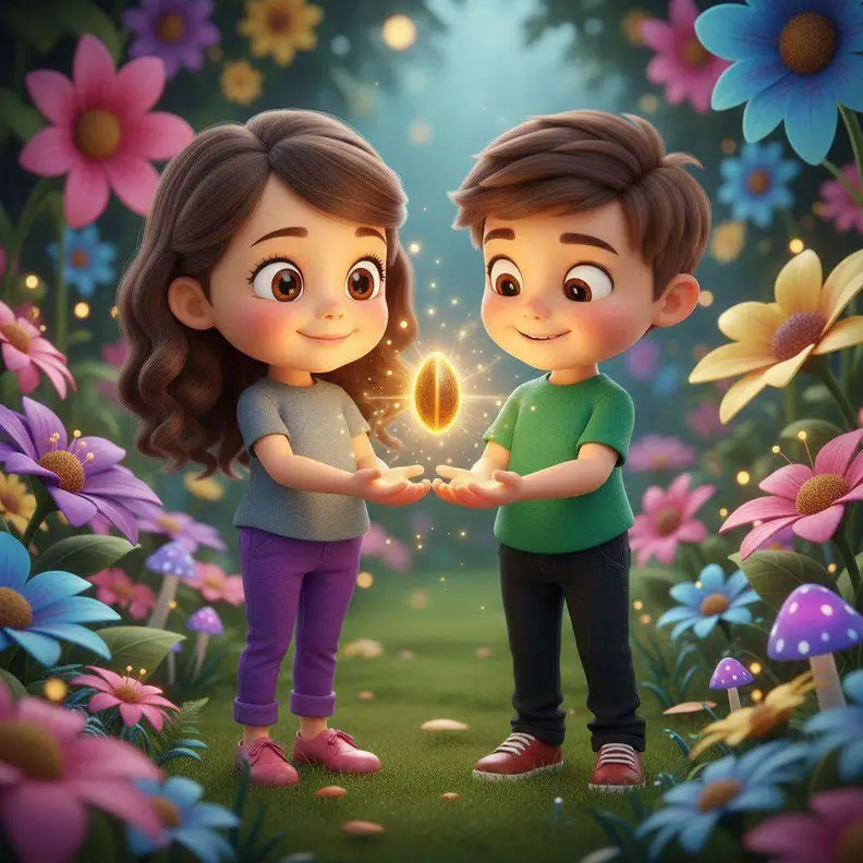 Dos niños sostienen juntos una semilla dorada que brilla entre sus manos, en un jardín de flores gigantes
