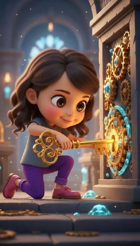 Una niña introduce una gran llave dorada en la cerradura de engranajes de la puerta de la Libertad Financiera