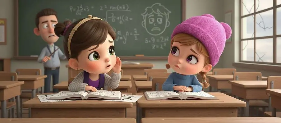 Dos niñas apoyadas en sus pupitres miran con cara de aburrimiento los libros abiertos, con la pizarra llena de operaciones al fondo