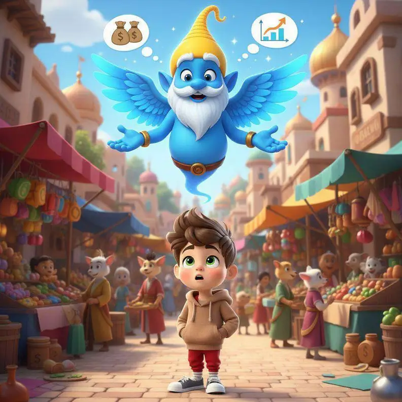 Zafir, un genio azul con alas, flota sobre un niño en un mercado bullicioso mientras piensa en bolsas de dinero y en un gráfico que sube