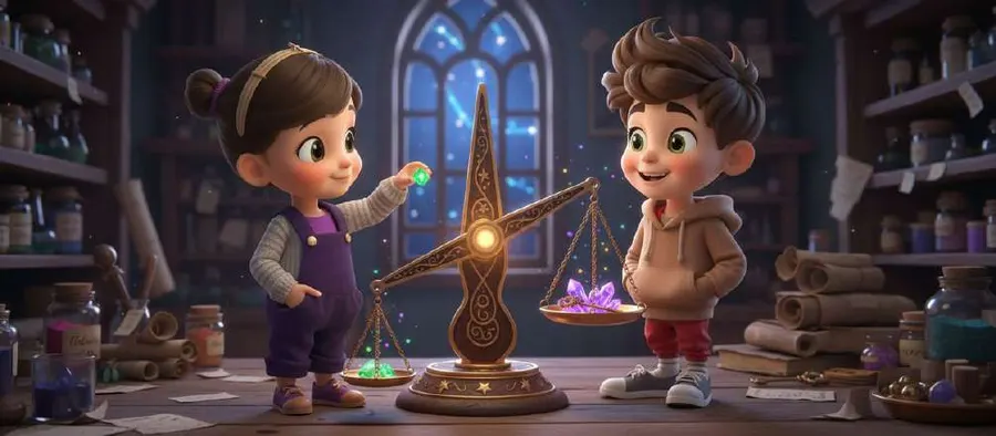Dos niños colocan piezas en los platillos de una balanza dorada iluminada, en una sala llena de pergaminos y frascos