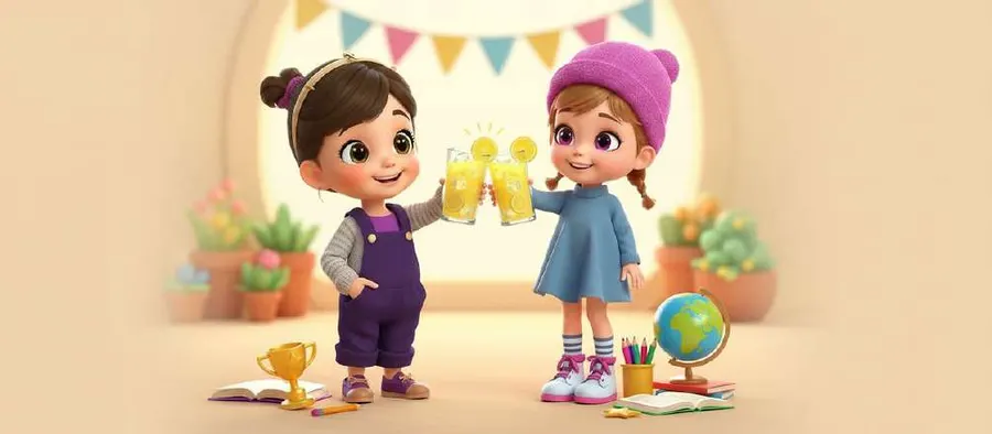 Dos niñas brindan con sendos vasos de limonada junto a un trofeo y unos cuadernos