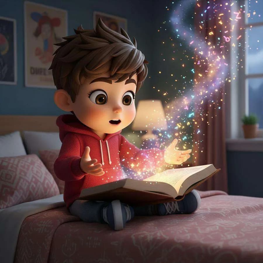 Luis, sentado en su cama, mira asombrado un libro abierto del que sale un remolino de luces de colores