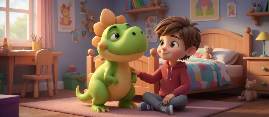 Guni, un dinosaurio verde de tamaño infantil, conversa con Luis sentado en el suelo de su habitación